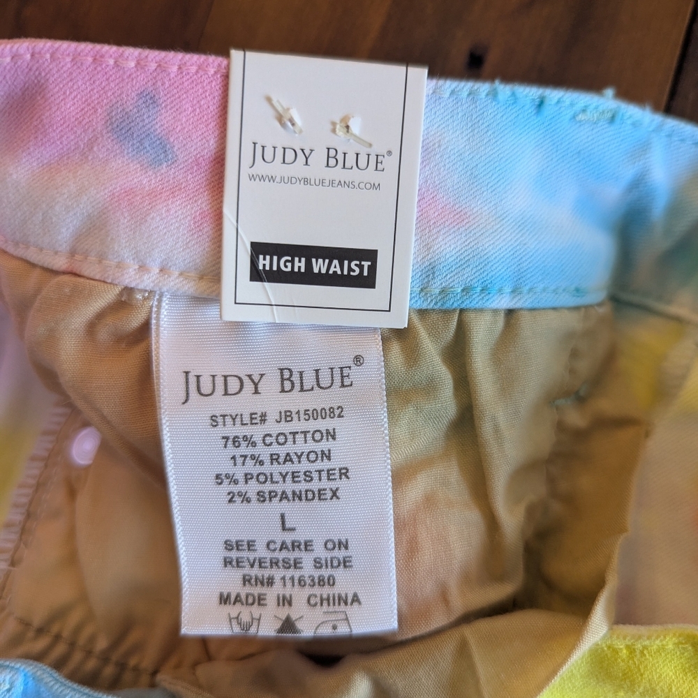 Judy Blue shorts womens large tie dye denim‎ raw hem cutoff high waist stretch - Picture 7 of 10